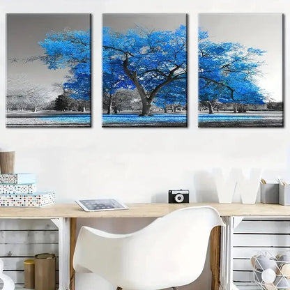 3pcs Blue Trees In A Black And White Style Metal Print Ready to Hang Art