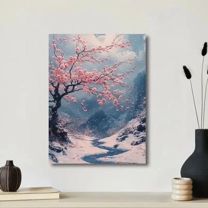 Beautiful Pink Sakuras Japanese Painting 40x60cm Metal Print Ready to Hang