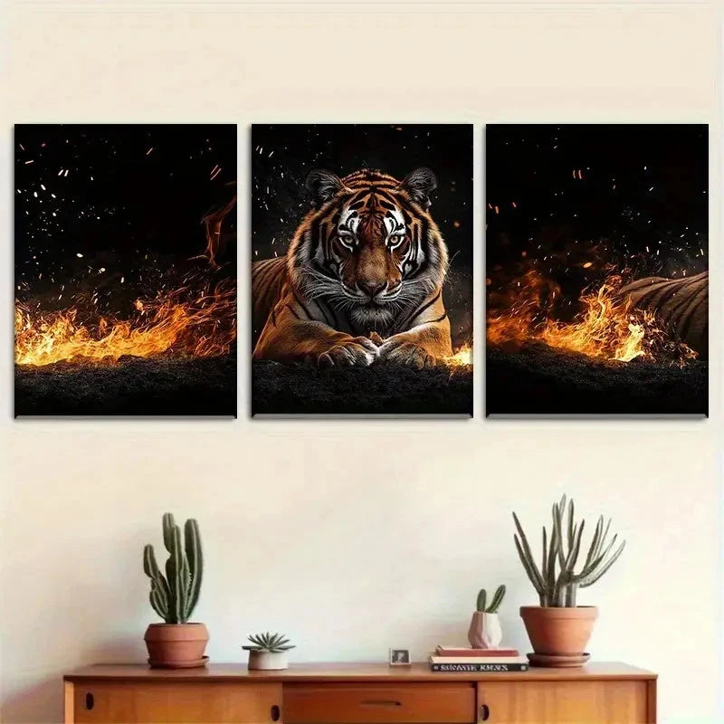 3pcs Set Tiger in Flames Effect Metal Print Ready to Hang Art