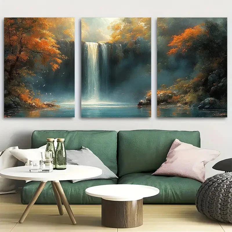 3pcs Waterfall Watercolor Fantasy Nature Landscape Metal Print Ready to Hang Art