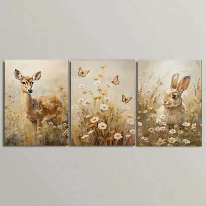 3pcs Rabbit Flower Butterfly Deer Painting Metal Print Ready to Hang Art