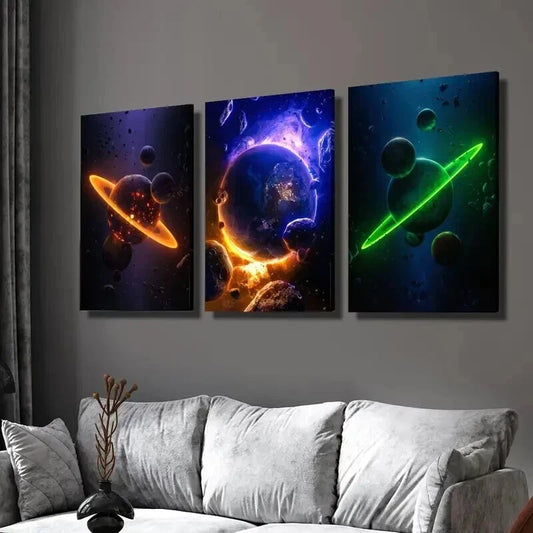 3pcs Abstract Colorful Space Planets Wall Art Set Canvas Framed 40x60cm - High Quality Print 100% Australian Made Wall Canvas Ready to Hang