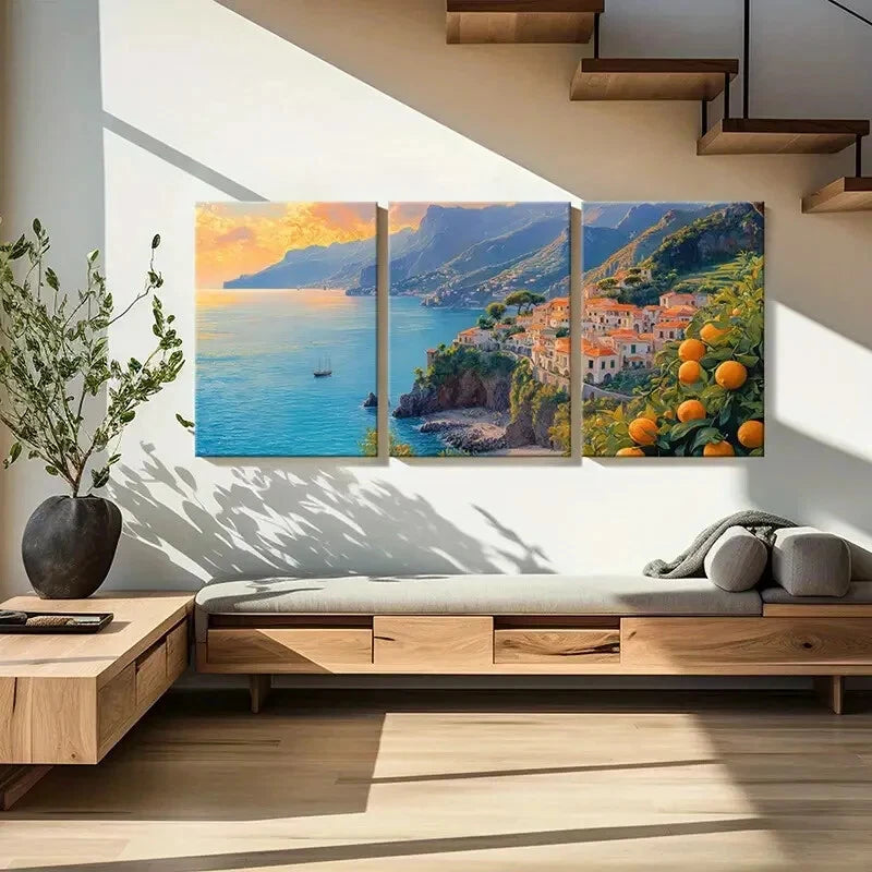 3pcs Amalfi Coast Landscape Mediterranean Village Metal Print Ready to Hang Art