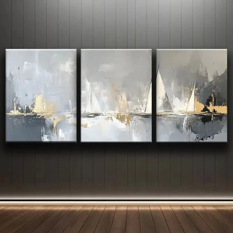 3pcs Sailboats On The Water Abstract Paintings Metal Print Ready to Hang Art