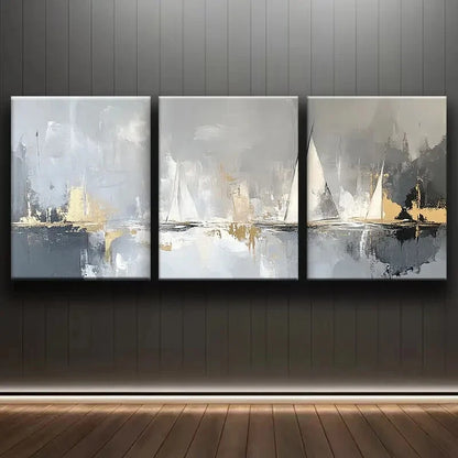 3pcs Sailboats On The Water Abstract Paintings Metal Print Ready to Hang Art