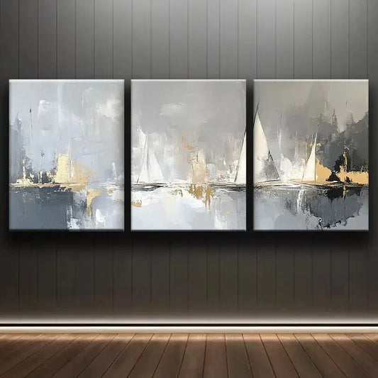 3pcs Sailboats On The Water Abstract Paintings Metal Print Ready to Hang Art