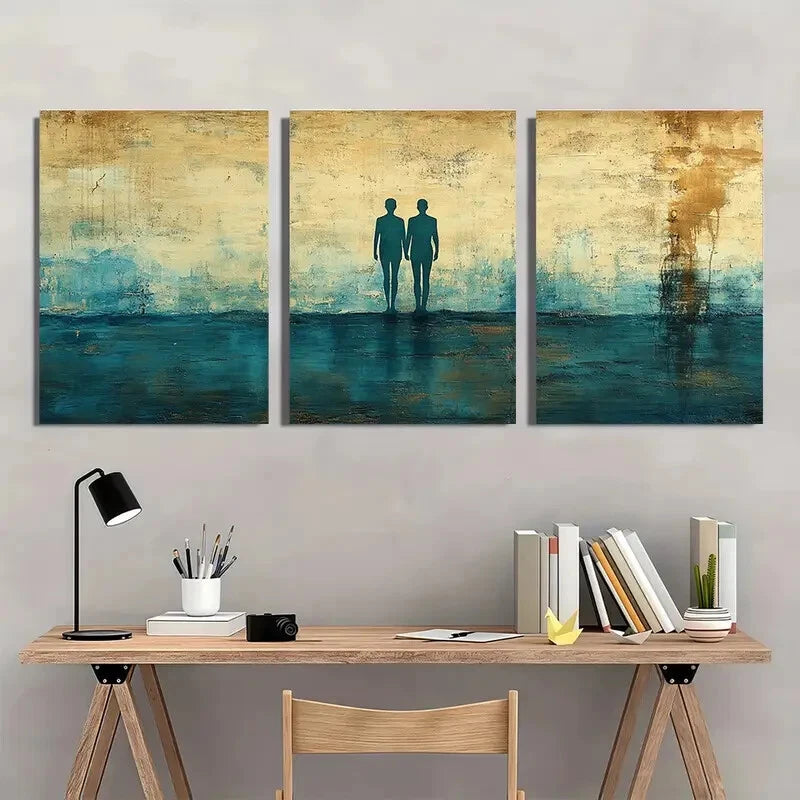 3pcs Cyan & Beige Silhouettes of Figures Metal Print Ready to Hang Art
