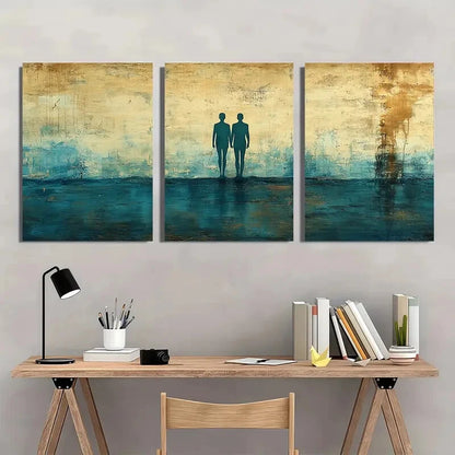 3pcs Cyan & Beige Silhouettes of Figures Metal Print Ready to Hang Art