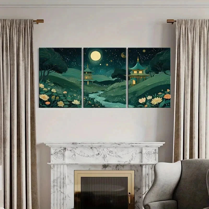 3pcs Lotus Flowers & Traditional Architecture Metal Print Ready to Hang Art