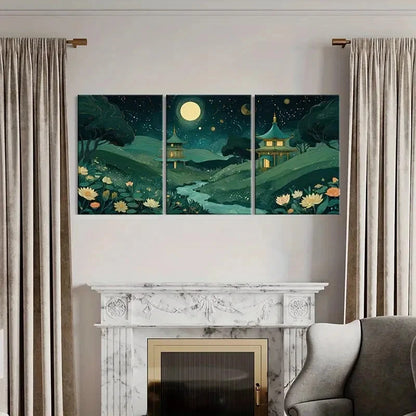 3pcs Lotus Flowers & Traditional Architecture Metal Print Ready to Hang Art