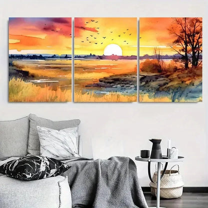 3pcs Golden Marsh Sunrise Autumn Meadow Metal Print Ready to Hang Art