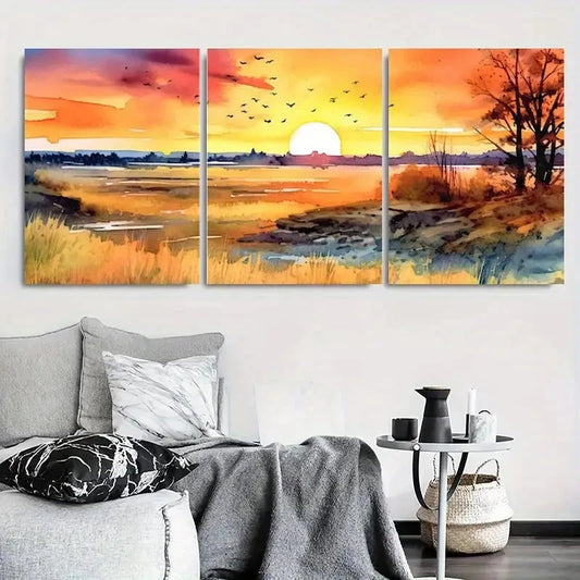 3pcs Golden Marsh Sunrise Autumn Meadow Metal Print Ready to Hang Art