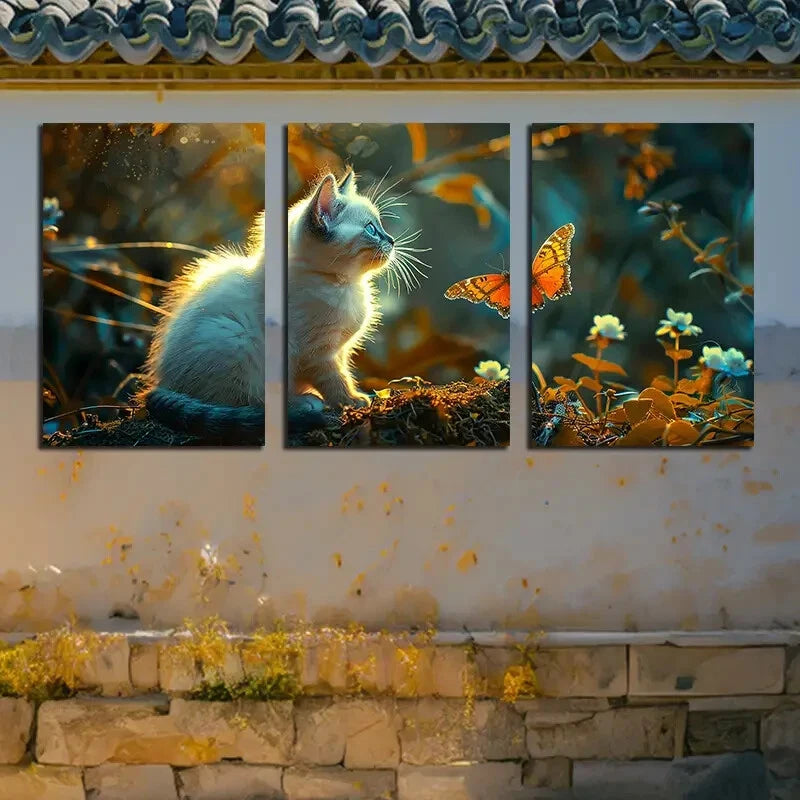 3pcs Little White Cat Is Talking to The Butterfly Metal Print Ready to Hang Art