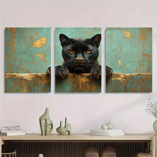 3pcs Retro Funny Black Panther Snowy Tree Metal Print Ready to Hang Art