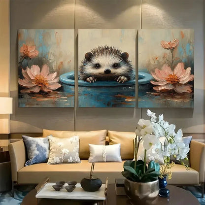 3pcs Whimsical Hedgehog on Toilet Metal Print Ready to Hang Art