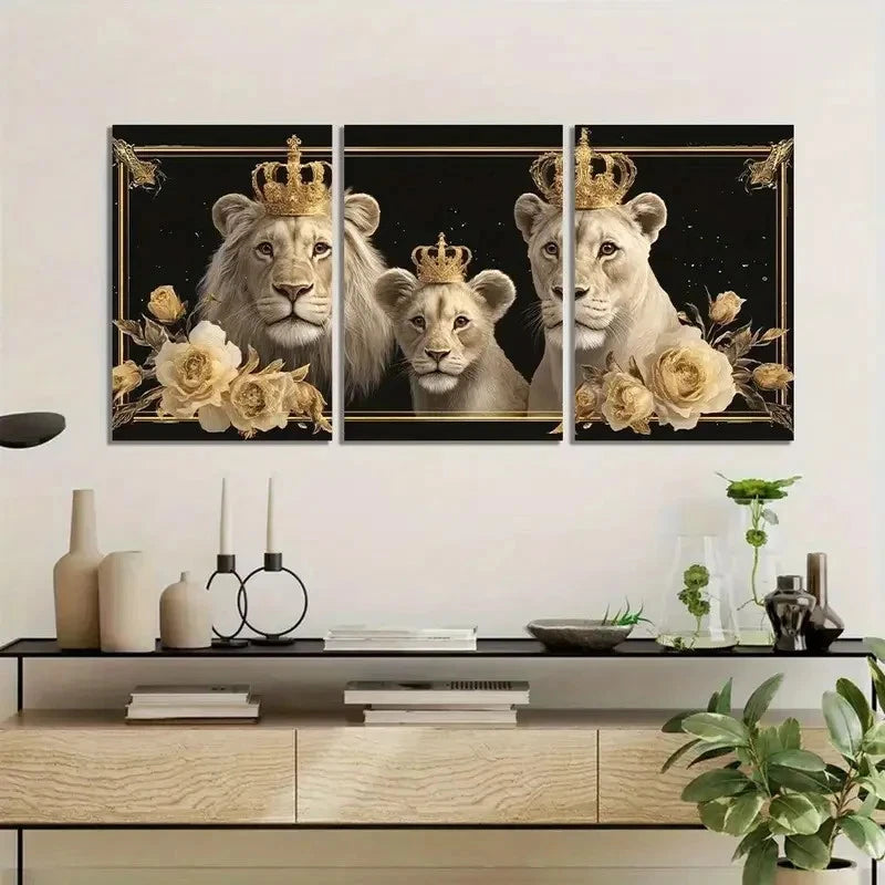 3pcs Family of Three Lions with Crowns Painting Metal Print Ready to Hang Art