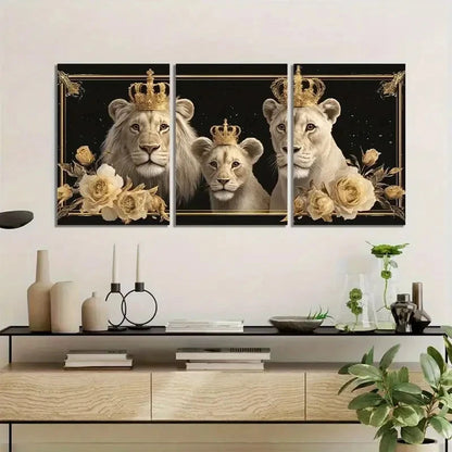3pcs Family of Three Lions with Crowns Painting Metal Print Ready to Hang Art