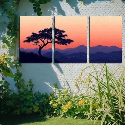 3pcs Tree Under the Purple Sunset Metal Print Ready to Hang Art