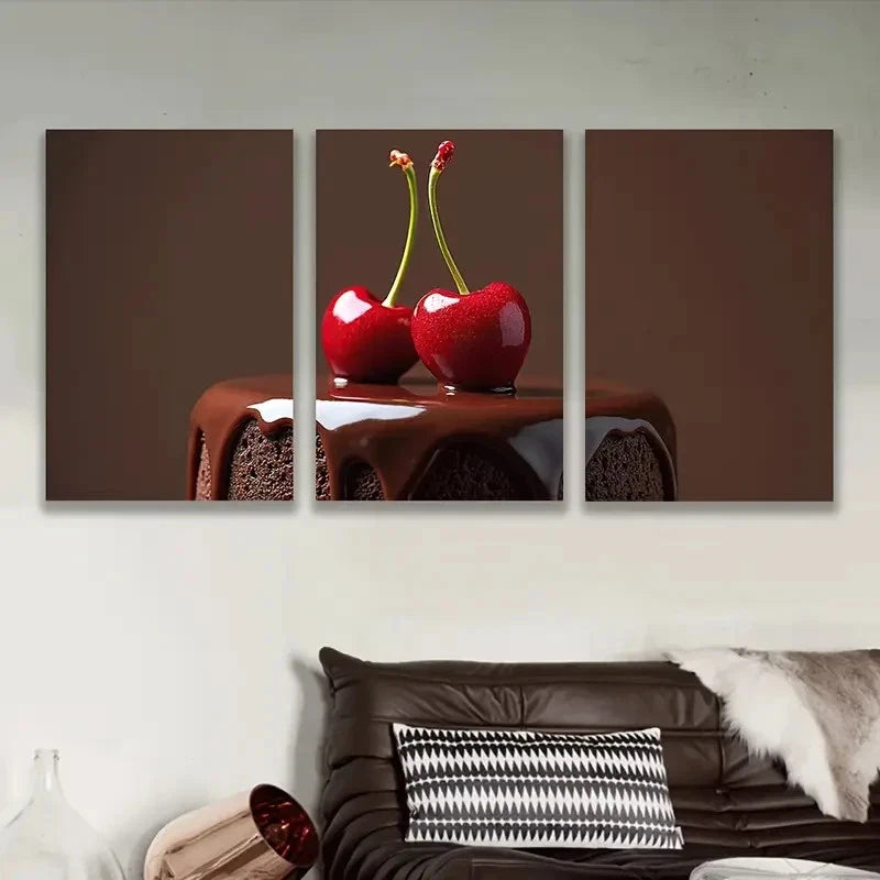 3pcs Chocolate Cake And Cherries Art Wall Art Set Canvas Framed 40x60cm - High Quality Print 100% Australian Made Wall Canvas Ready to Hang