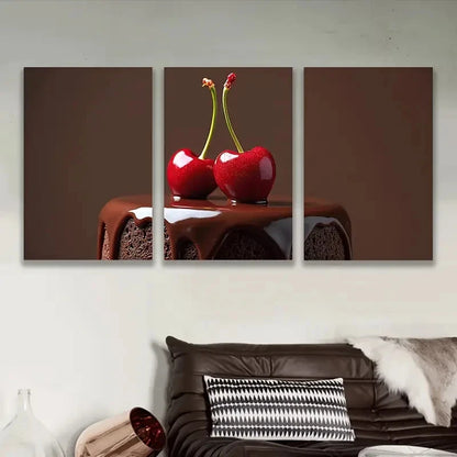 3pcs Chocolate Cake And Cherries Art Wall Art Set Canvas Framed 40x60cm - High Quality Print 100% Australian Made Wall Canvas Ready to Hang