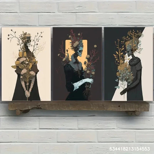 3pcs Evil Character Skull Skeleton with Floral Metal Print Ready to Hang Art