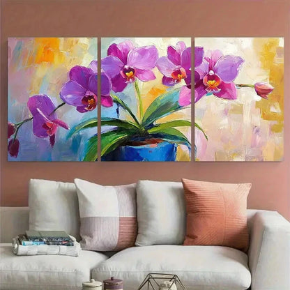3pcs Orchid Flower in a Pot Abstract Design Metal Print Ready to Hang Art