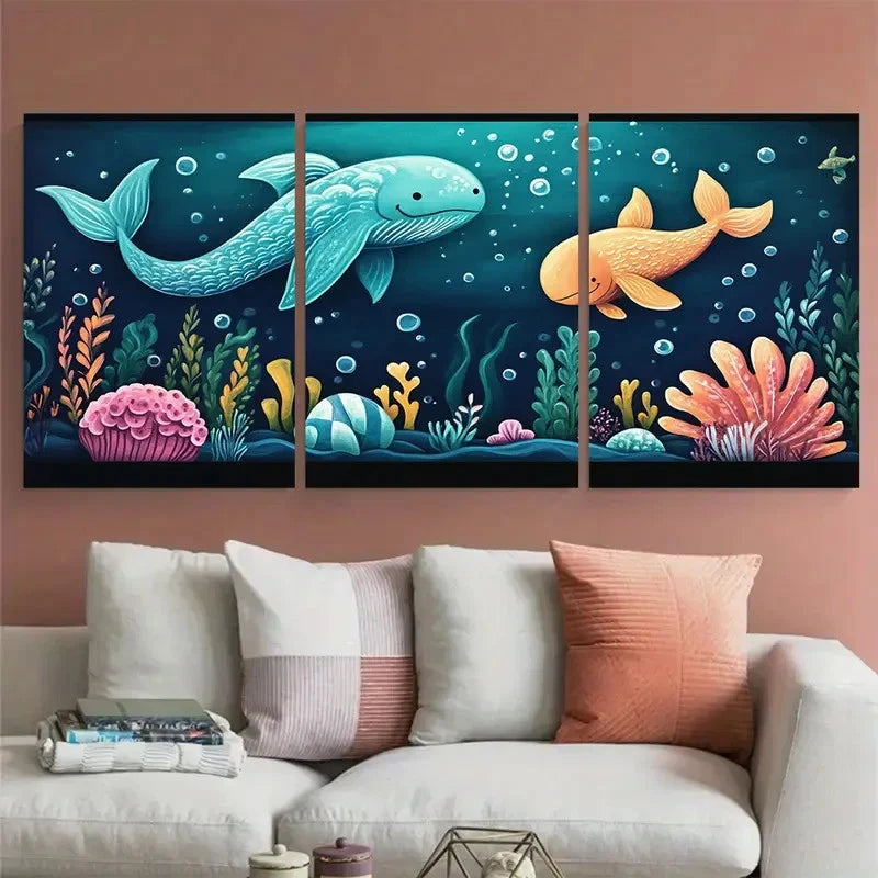 3pcs Under the Sea Nursery Illustration Wall Art Set Canvas Framed 50x70cm - High Quality Print 100% Australian Made Wall Canvas Ready to Hang