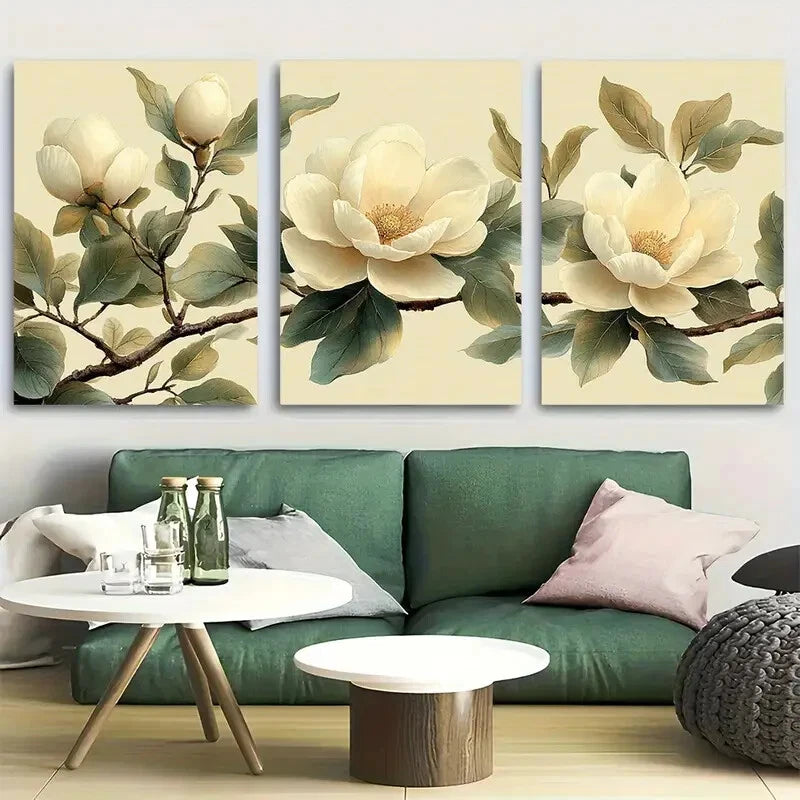 3pcs Elegant White Magnolia with Green Leaves Metal Print Ready to Hang Art