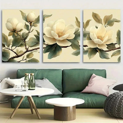 3pcs Elegant White Magnolia with Green Leaves Metal Print Ready to Hang Art