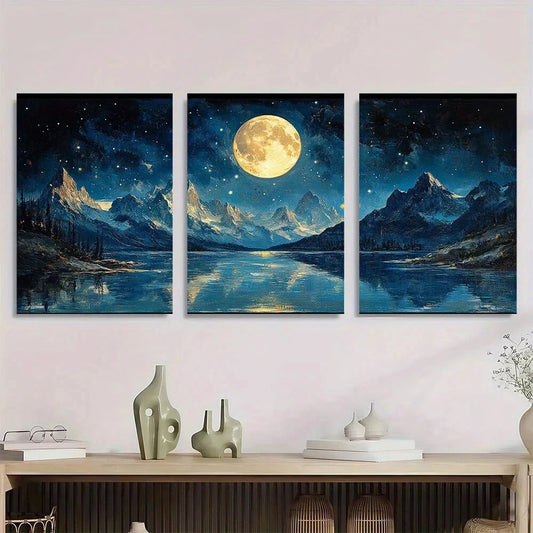 3pcs Starry Night Mountain Moon Metal Print Ready to Hang Art