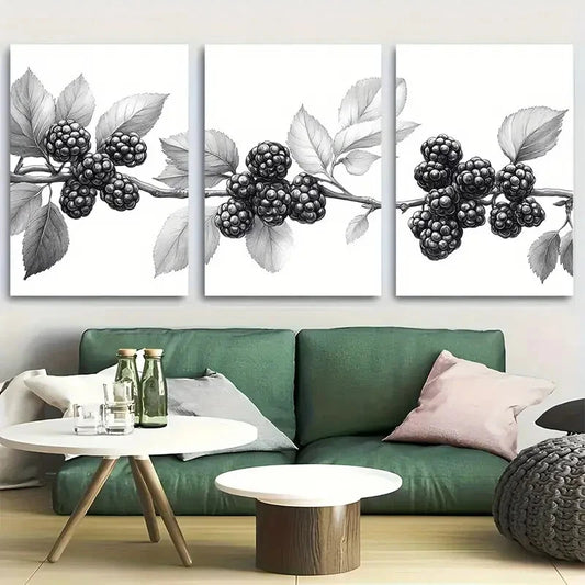3pcs Elegant Black & White Botanical Berry Branch Metal Print Ready to Hang Art