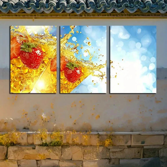 3pcs Vibrant Strawberry Juice Illustration Metal Print Ready to Hang Art