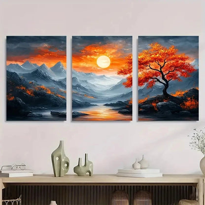 3pcs Mountain Sunset Vibrant Autumn Tree Metal Print Ready to Hang Art