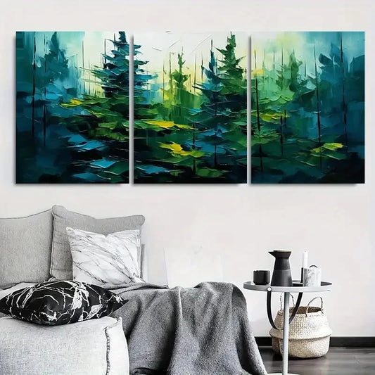 3pcs Vibrant Green & Blue Trees with Dynamic Metal Print Ready to Hang Art