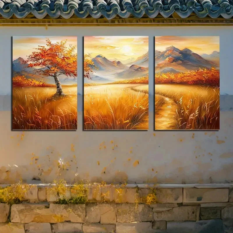 3pcs Vibrant Pastoral Autumn Landscape Metal Print Ready to Hang Art