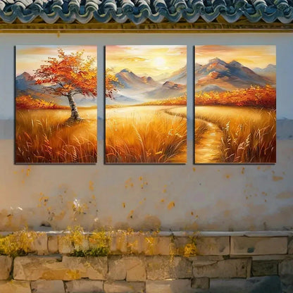 3pcs Vibrant Pastoral Autumn Landscape Metal Print Ready to Hang Art