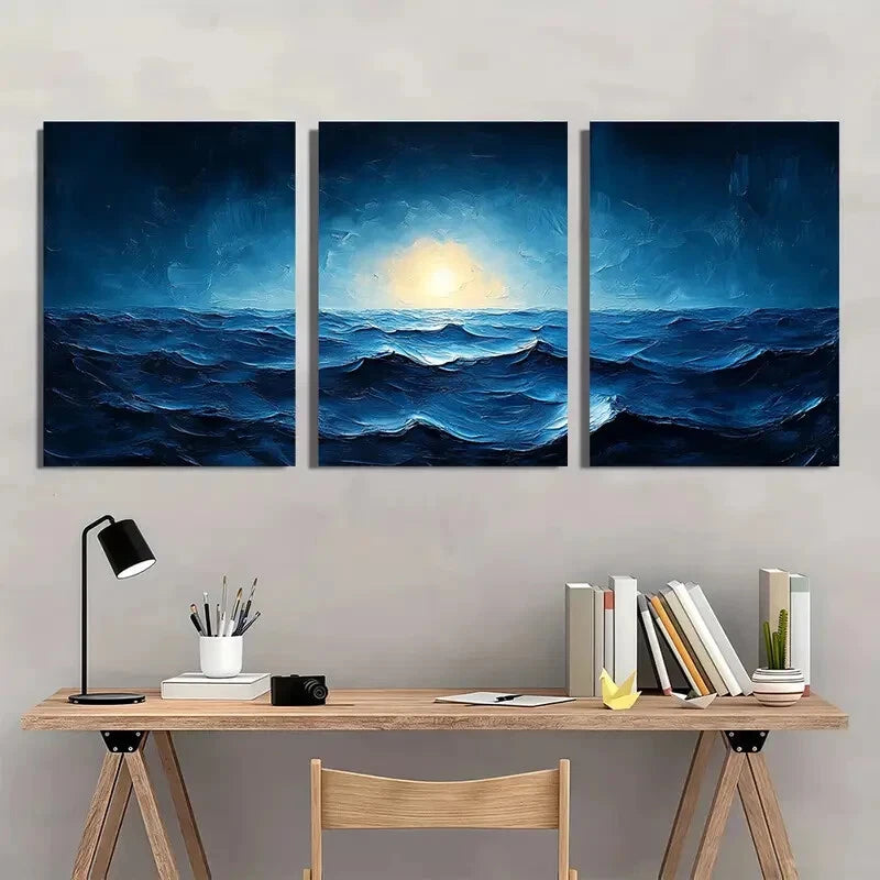 3pcs Timeless Blue Lake Ripple & Ocean Wave Metal Print Ready to Hang Art