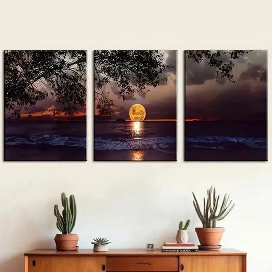 3pcs Moon Over the Sea Landscape Poster Art Metal Print Ready to Hang Art
