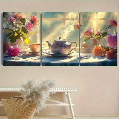 3pcs Morning Tea with Roses Wall Art Canvas Unframed - High Quality Print 100% Australian Made Wall Canvas