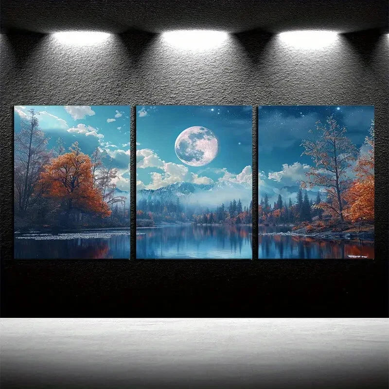 3pcs Autumn Forest & Full Moon Over Lake Scene Metal Print Ready to Hang Art