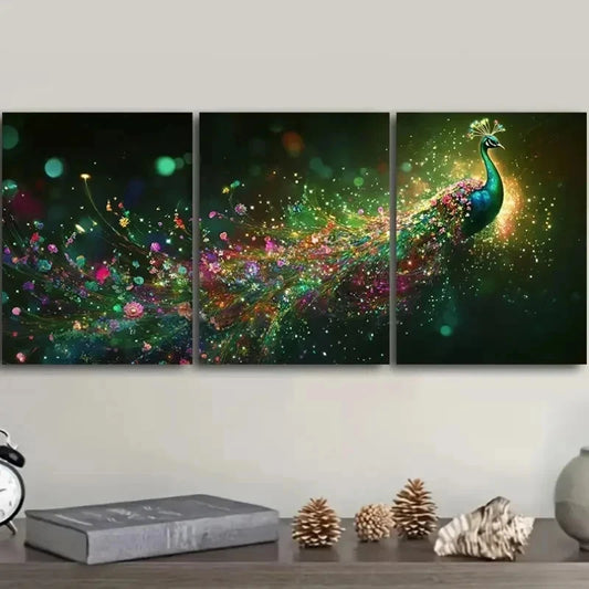 3pcs Featuring a Vibrant Peacock Metal Print Ready to Hang Art