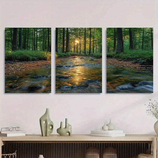 3pcs Serene Forest Stream Scene Metal Print Ready to Hang Art