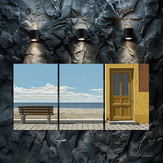 3pcs Anime Style Beach and Doorway Illustration Metal Print Ready to Hang Art