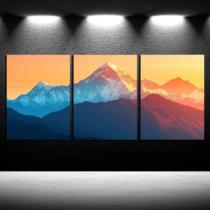 3pcs Vibrant Mountain Peak At Sunset Metal Print Ready to Hang Art