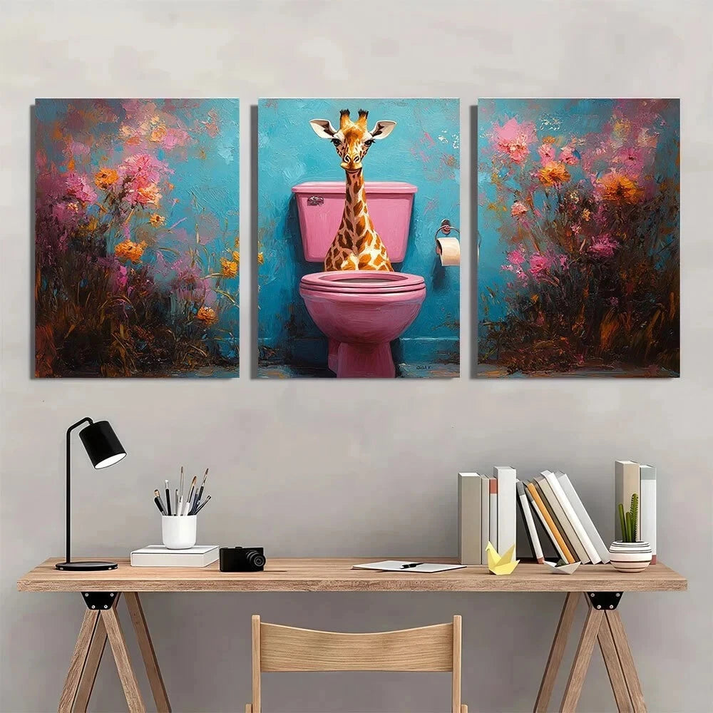 3pcs Funny Giraffe Whimsical Animal Painting Metal Print Ready to Hang Art