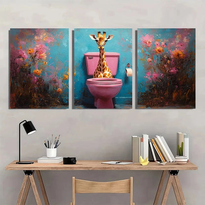 3pcs Funny Giraffe Whimsical Animal Painting Metal Print Ready to Hang Art