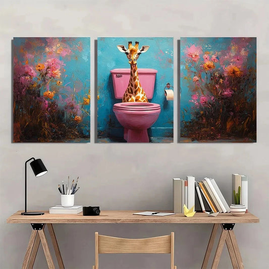 3pcs Funny Giraffe Whimsical Animal Painting Metal Print Ready to Hang Art