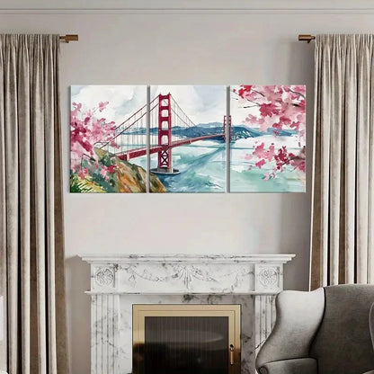 3pcs Golden Gate Bridge Cherry Blossoms Poster Metal Print Ready to Hang Art