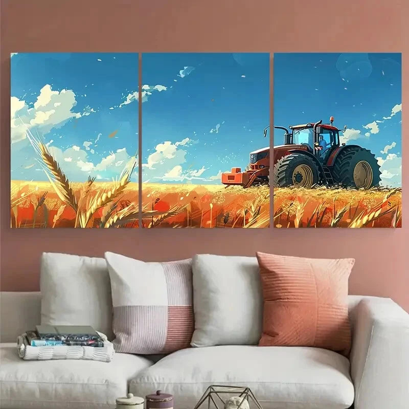 3pcs Tractor in a Wheat Field Agricultural Metal Print Ready to Hang Art