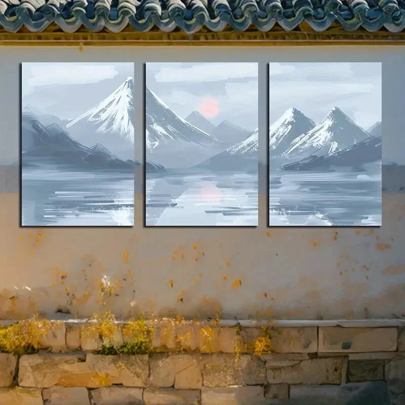 3pcs Misty Snow Covered Mountains with lake Design Metal Print Ready to Hang Art